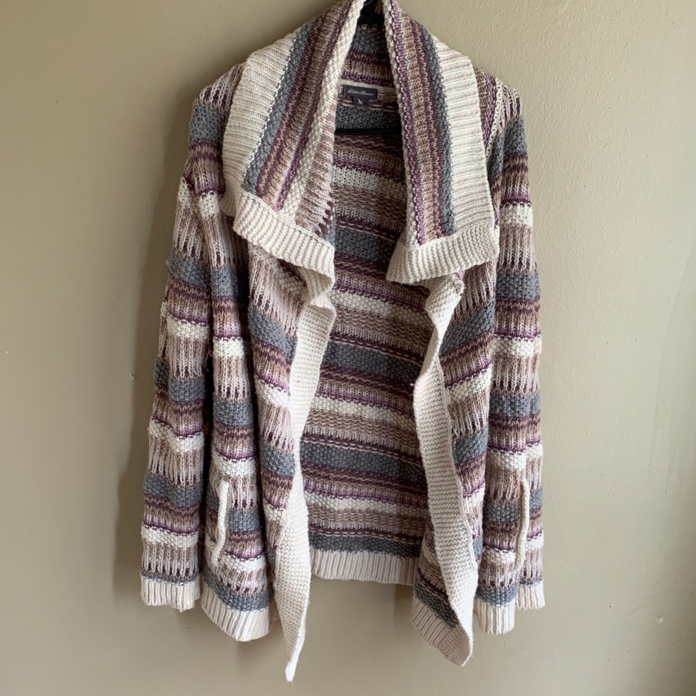 Eddie Bauer Cream and Gray Waterfall Cardigan Sweater